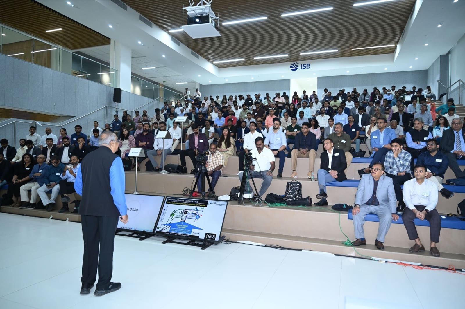 The full auditorium during a keynote at ScaleME Summit'26, ISB Hyderabad